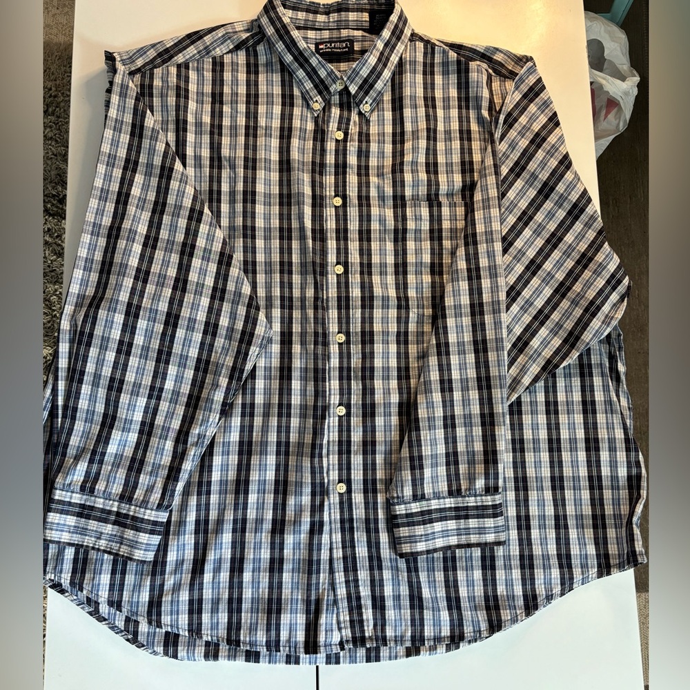 PURITAN WRINKLE RESISTANT Men's Shirt Size 3XL. Blue Plaid Button.Long sleeve